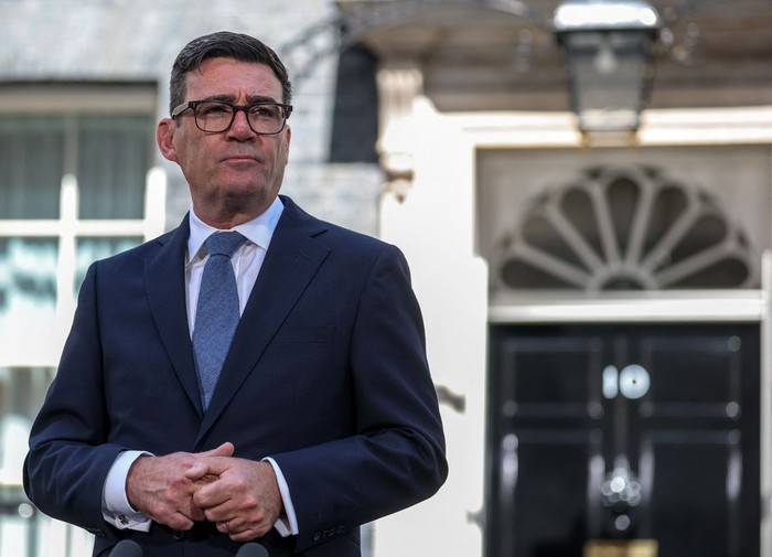 Britains newly appointed Prime Minister Andy Burnham looks on as he delivers a speech outside 10 Downing Street after taking office, in London, Britain, July 20, 2026. REUTERS/Isabel Infantes