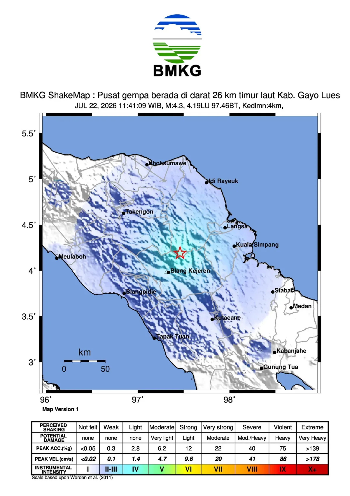 Pusat gempa berada di darat 26 km timur laut Kab. Gayo Lues. (Dok. BMKG) Pusat gempa berada di darat 26 km timur laut Kab. Gayo Lues. (Dok. BMKG)