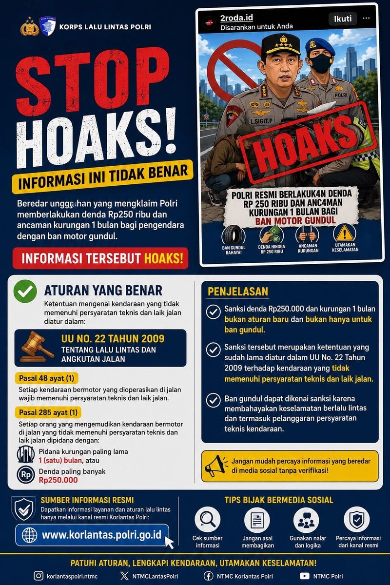Beredar narasi di media sosial bahwa pengendara sepeda motor dengan ban gundul akan dikenakan denda Rp 250 ribu