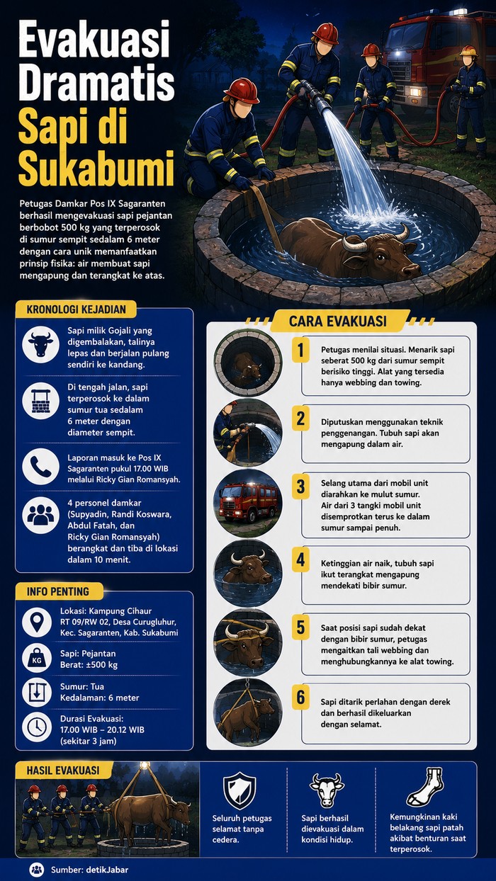 Infografis evakuasi sapi dari sumur tua.