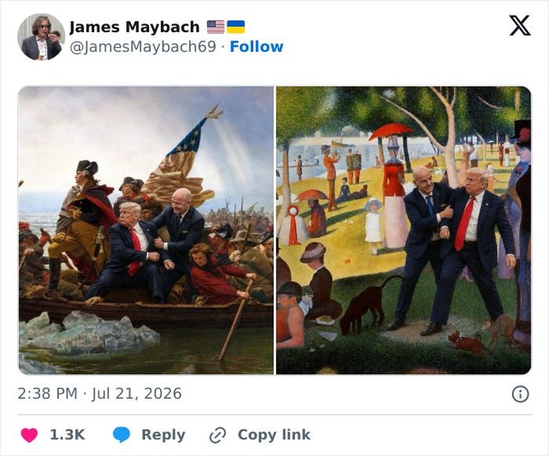 Presiden AS Donald Trump lagi di-roasting netizen setelah 'ikutan' Spanyol saat angkat trofi Piala Dunia 2026. Katanya Trump selalu ada di mana-mana.