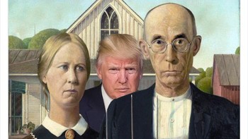 Lukisan American Gothic dari Grant Wood tak luput dari kehadiran Trump. Foto: RobMowe via Bored Panda