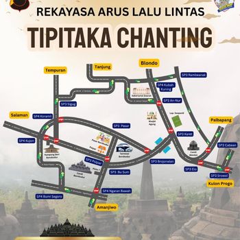 Rekayasa lalin saat kirab Indonesia Tipitaka Chanting dari Candi Mendut menuju Candi Borobudur Rekayasa lalin saat kirab Indonesia Tipitaka Chanting dari Candi Mendut menuju Candi Borobudur, Minggu (24/7/2026).