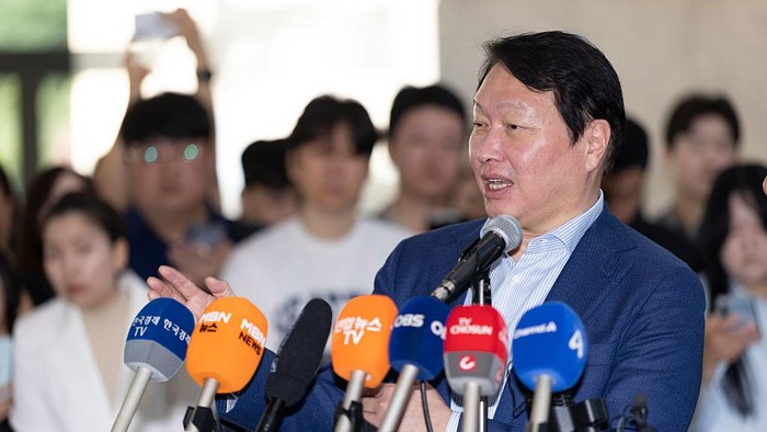 Chey Tae-won, chairman of SK Group, speaks alongside Jensen Huang, right, CEO of NVIDIA, during a media briefing on AI and semiconductor cooperation between NVIDIA and SK Group at SK Seorin Building in Seoul, South Korea, on June 8, 2026. (Photo by Chris Jung/NurPhoto via Getty Images)