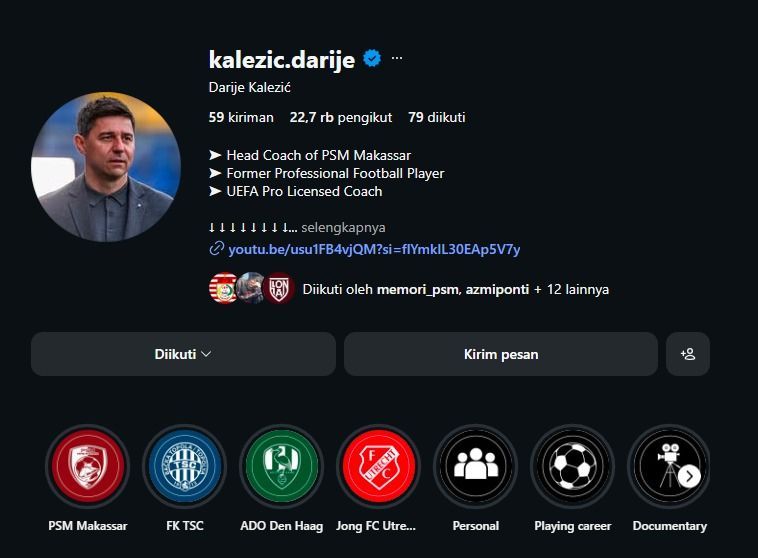 Akun palsu mengatasnamakan pelatih PSM Makassar, Darije Kalezic. (Dok. Istimewa/Tangkapan Layar) Akun palsu mengatasnamakan pelatih PSM Makassar, Darije Kalezic.