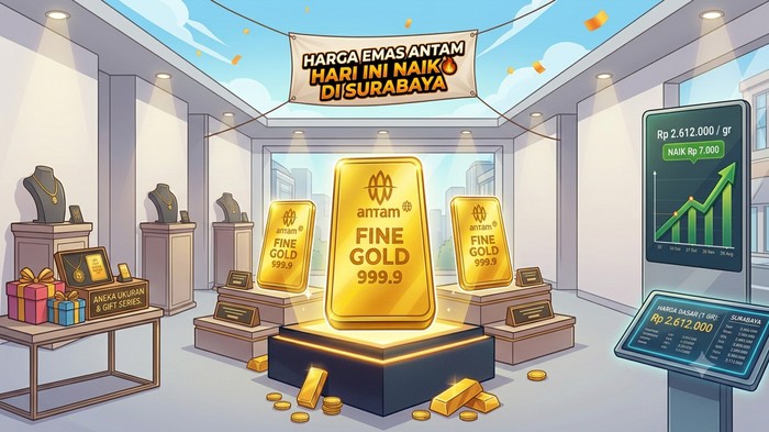 Ilustrasi harga emas Antam hari ini naik di Surabaya.
