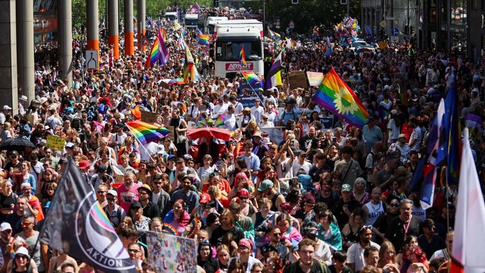 Revellers attend the annual Christopher Street Day (CSD) LGBT Pride demonstration, in Berlin, Germany, July 25, 2026. REUTERS/Maryam Majd