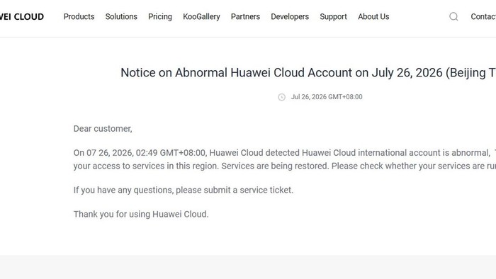 Huawei Cloud alami gangguan.