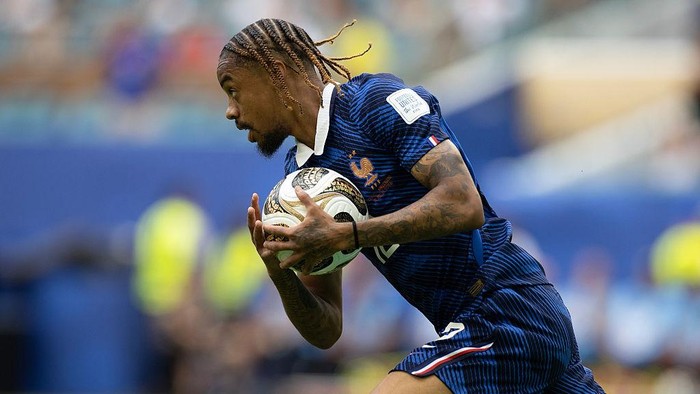 MIAMI GARDENS, FLORIDA - JULY 18: Bradley Barcola #12 of France grabs the ball after scoring a goal during the FIFA World Cup 2026 Bronze Medal Match match between France and England at Miami Stadium on July 18, 2026 in Miami Gardens, Florida. (Photo by Michael Pimentel/ISI Photos/ISI Photos via Getty Images)