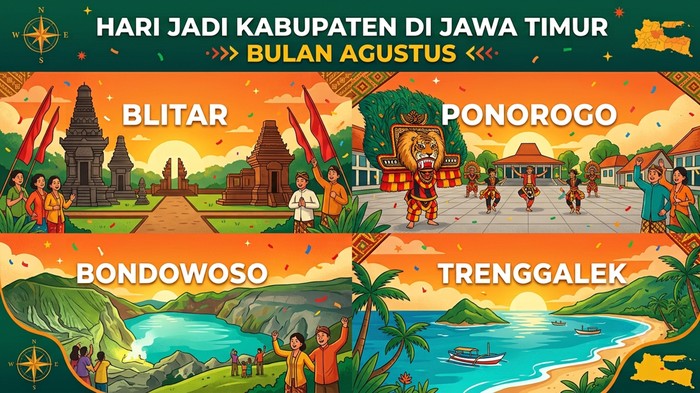 Ilustrasi kabupaten di Jawa Timur yang merayakan hari jadi bulan Agustus.