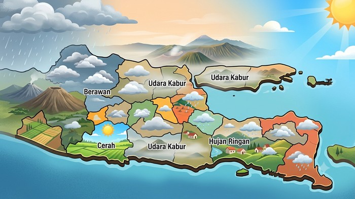 Ilustrasi cuaca Jawa Timur hari ini. Hujan ringan melanda beberapa wilayah.