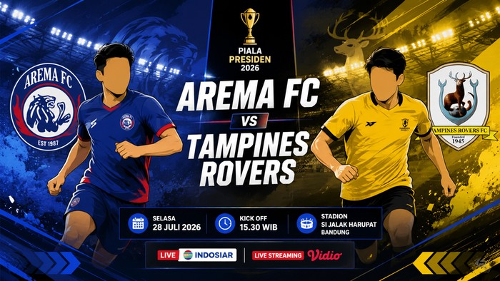 Ilustrasi laga Arema FC vs Tampines Rovers di Piala Presiden 2026 (dibuat dengan AI)