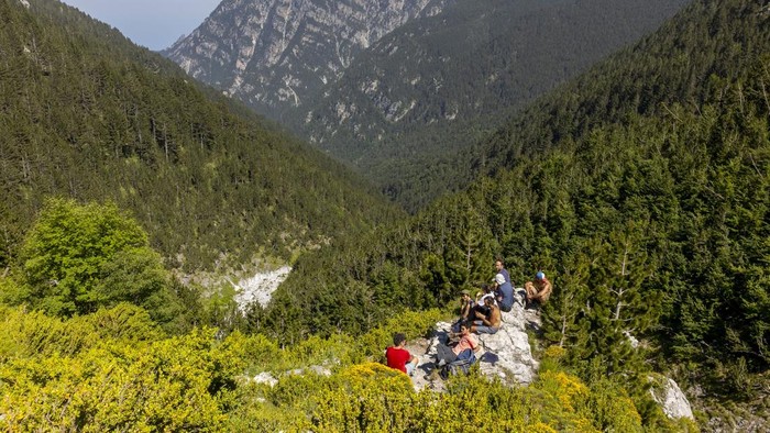 OLYMPUS, GREECE - JULY 09: Hikers at Olympus mountain on July 09, 2023 in Olympus National Park, Greece.  Mount Olympus or Olimbos is the highest peak. The summit of Mytikas at 2918 metre altitude. It has strong mythological significance as the home of the gods. (Photo by Athanasios Gioumpasis/Getty Images).