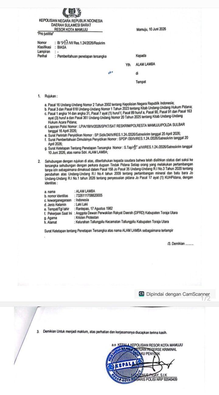 Beredar Surat Legislator Torut Jadi Tersangka Tambang Emas Ilegal di Mamuju. (Dok. Istimewa) Beredar Surat Legislator Torut Jadi Tersangka Tambang Emas Ilegal di Mamuju.