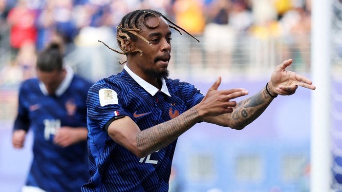 Soccer Football - FIFA World Cup 2026 - Round of 32 - France v Sweden - New York New Jersey Stadium, East Rutherford, New Jersey, U.S. - June 30, 2026 Frances Bradley Barcola celebrates scoring their second goal REUTERS/John Sibley     TPX IMAGES OF THE DAY