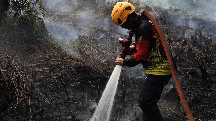 Personel BPBD Kabupaten Kubu Raya menyemprotkan air ke lahan gambut yang terbakar di kawasan Bumi Serdam Indah, Kecamatan Sungai Raya, Kabupaten Kubu Raya, Kalimantan Barat, Rabu (29/7/2026). BPBD Kalimantan Barat menyatakan bahwa status siaga darurat bencana karhutla di Kalimantan Barat, yang ditetapkan melalui Keputusan Gubernur Kalimantan Barat, berlaku hingga 15 November 2026. ANTARA FOTO/Jessica Wuysang/wsj.