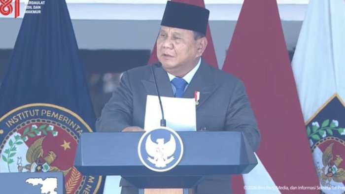 Prabowo saat sambutan di Lapangan Parade, Kampus IPDN Jatinangor, Sumedang, Jawa Barat, Rabu (29/7/2026). (dok. screenshot)