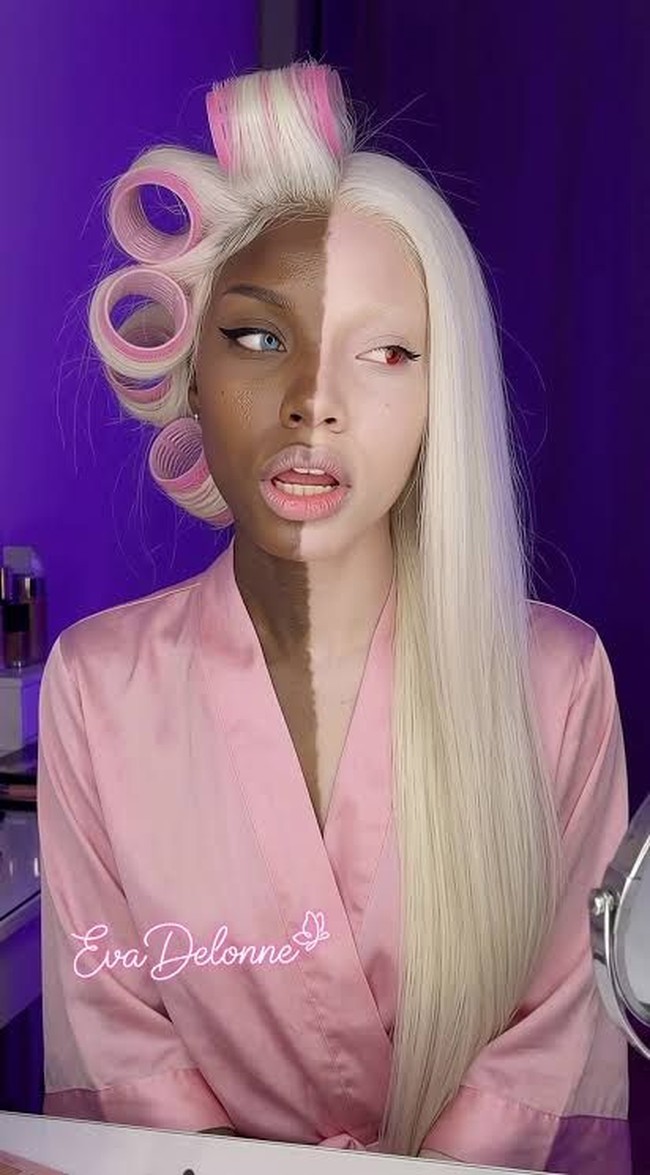 Video yang telah ditonton lebih dari 1,4 juta kali itu menampilkan perempuan dengan garis tegas membelah wajah dan tubuhnya. Satu sisi berwarna cokelat gelap, sementara sisi lainnya berkulit sangat terang. Banyak netizen menyebut penampilannya seperti terlalu sempurna untuk menjadi nyata. Foto: Media Sosial Eva Delonne