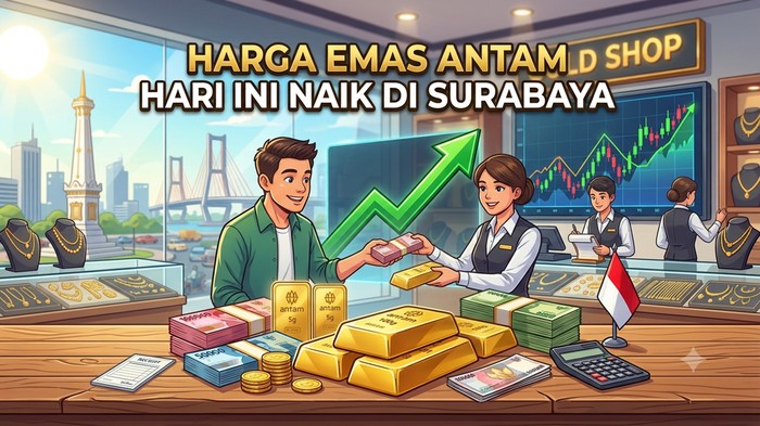 Ilustrasi harga emas Antam hari ini naik di Surabaya.