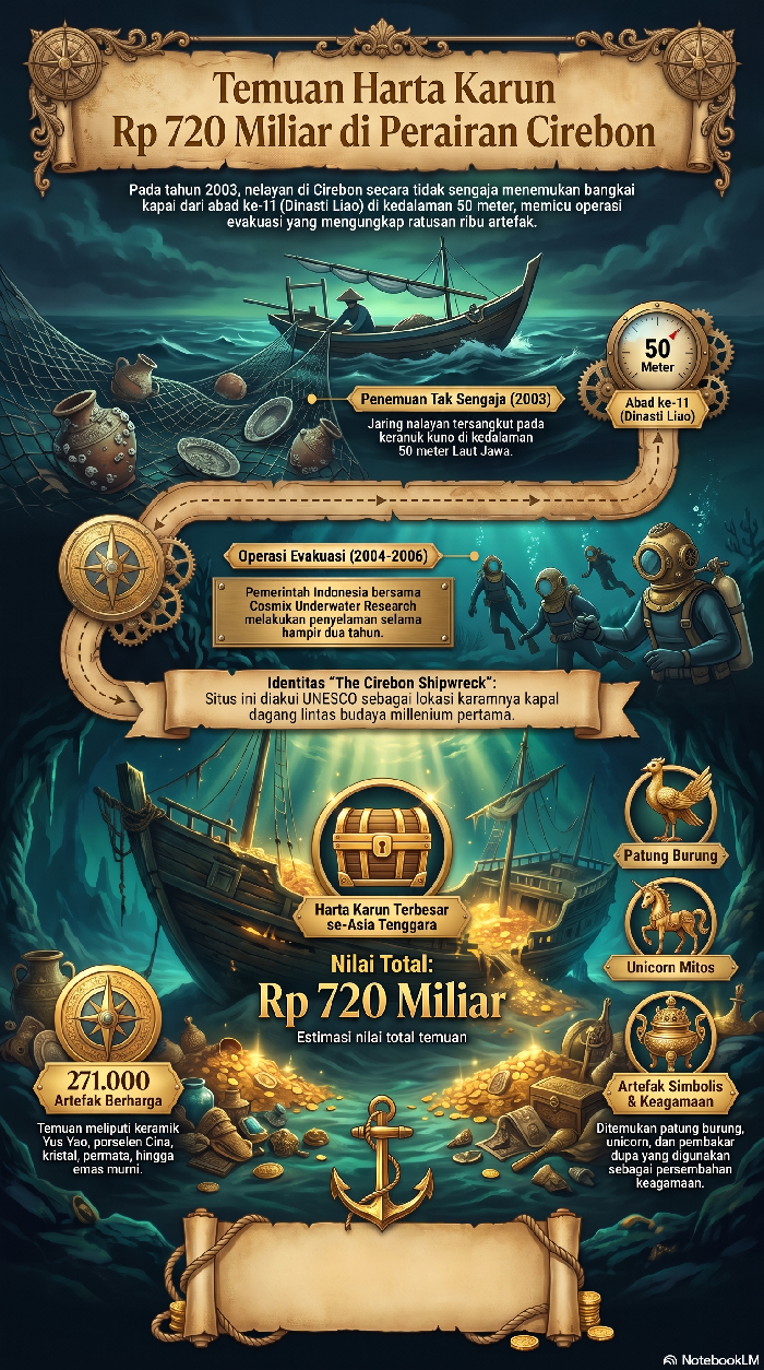 Ilustrasi infografis penemuan harta karun di perairan Cirebon.