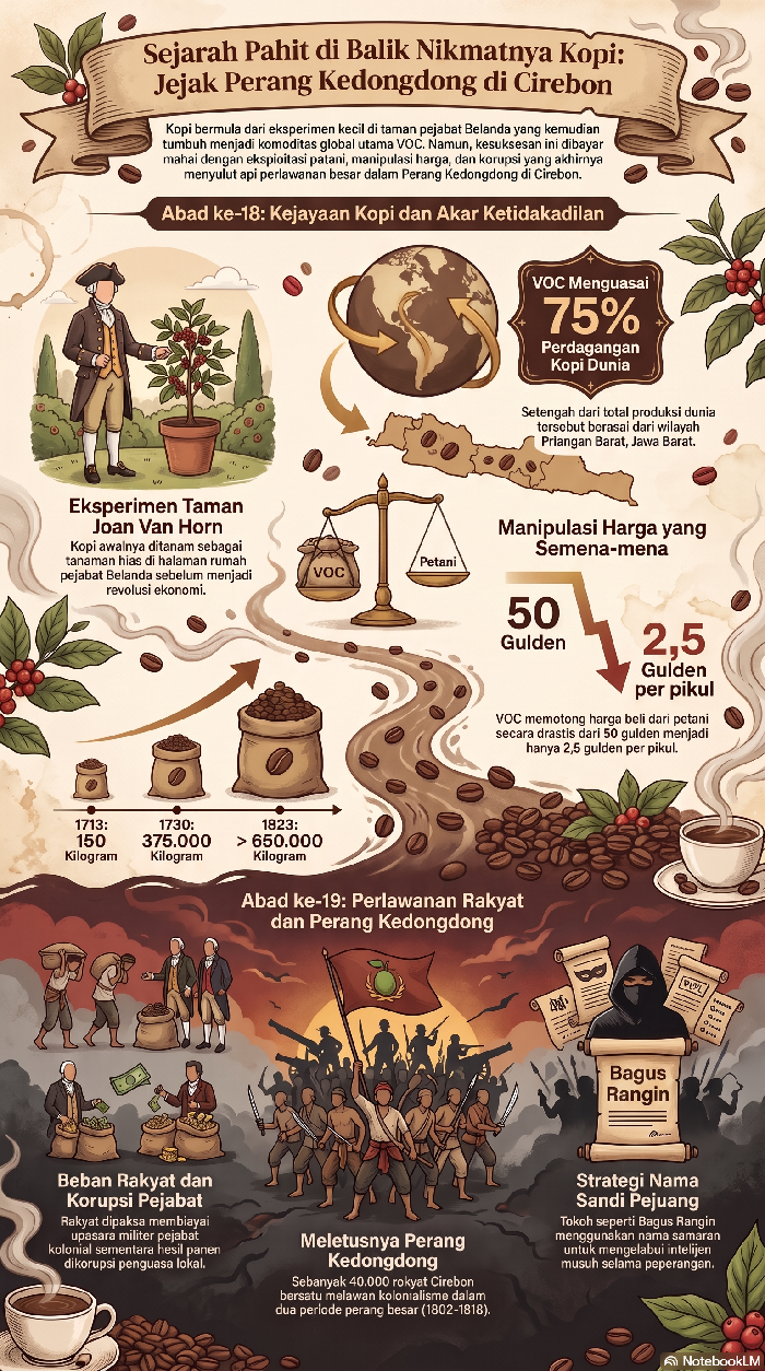 Infograsi ilustrasi sejarah kopi dan Perang Kedongdong di Cirebon.