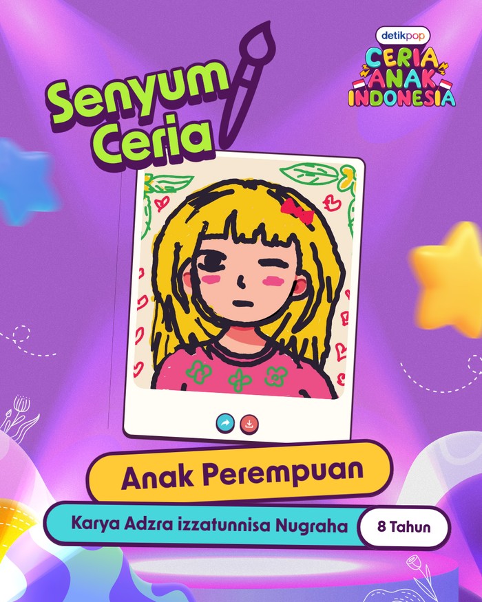 Karya seni anak-anak Indonesia menampilkan imajinasi penuh warna dan cerita. Beragam tema dituangkan dalam ajang Senyum Ceria Anak Indonesia.