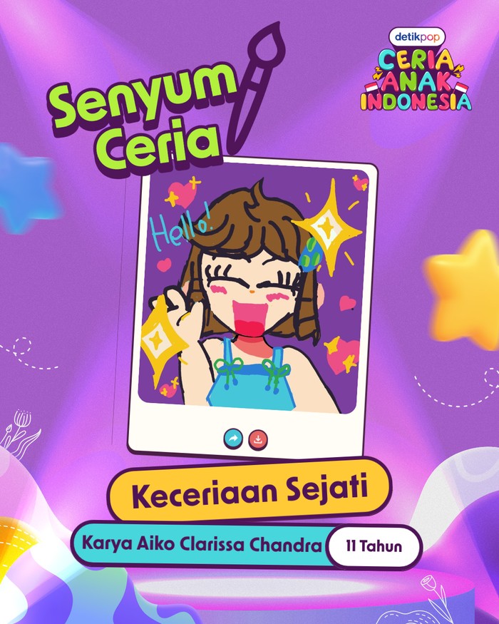 Karya seni anak-anak Indonesia menampilkan imajinasi penuh warna dan cerita. Beragam tema dituangkan dalam ajang Senyum Ceria Anak Indonesia.