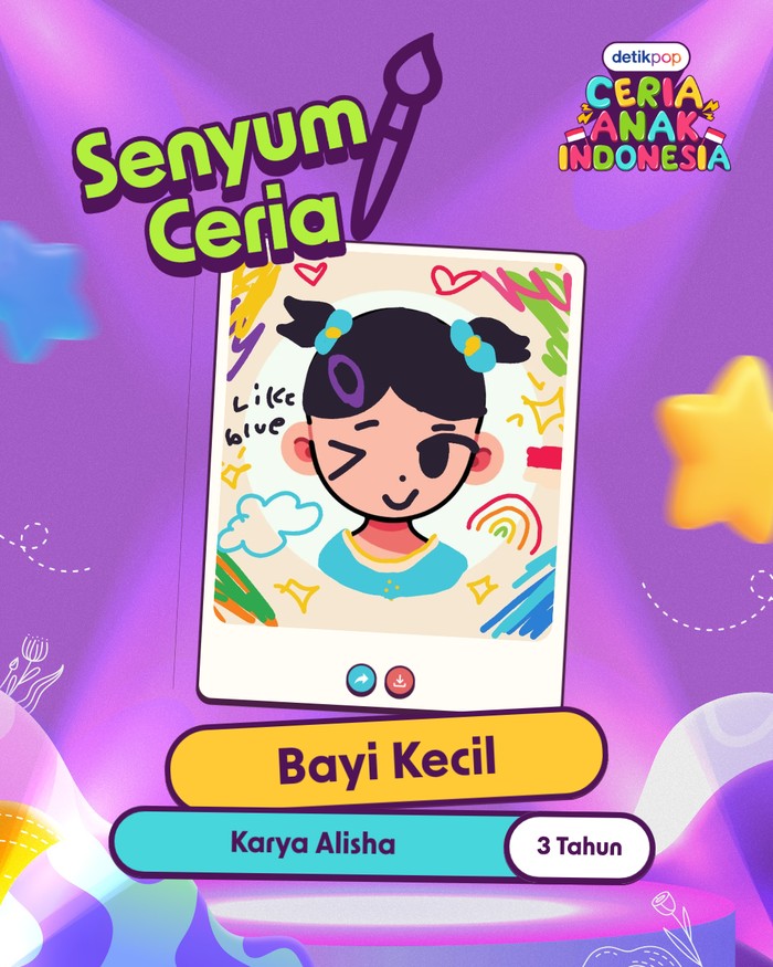 Karya seni anak-anak Indonesia menampilkan imajinasi penuh warna dan cerita. Beragam tema dituangkan dalam ajang Senyum Ceria Anak Indonesia.