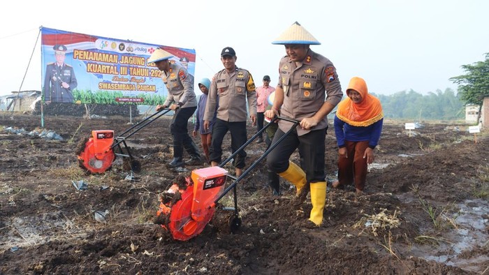 Kapolres Mojokerto, AKBP Andi Yudha Pranata memimpin langsung tanam jagung di Dusun Lebak, Desa Kalipuro
