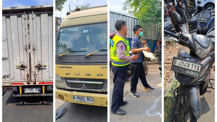 Kendaraan truk boks menabrak sepeda motor di depan Pasar Kramat Jati, Jaktim. Seorang pria tewas dan seorang lainnya terluka akibat kecelakaan tersebut. (dok Ist)