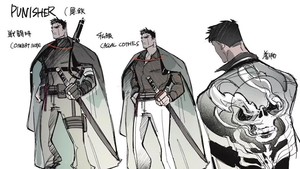 Marvel Comics dan Kadokawa juga bakal mengadaptasi karakter Punisher ke dalam manga. Ada kostum dalam combat mode dan juga pakaian kasual. Punisher tampil berkarakter ala yakuza dan bawa katana. Foto: Marvel Comics