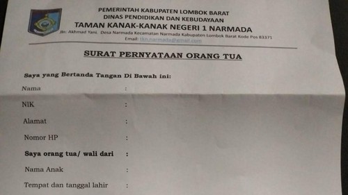 Surat pernyataan kesanggupan bayar biaya pendidikan yang dikeluarkan TK Negeri 1 Narmada. (Istimewa)