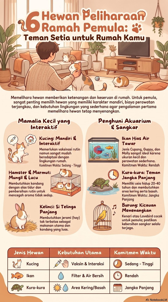 Infografis enam hewan peliharaan bagi pemula