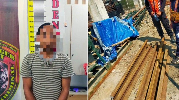 Tampang pelaku beserta barang bukti rel kereta api yang sudah berhasil dipotong