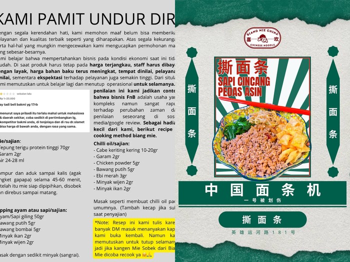 Gerai mie tutup permanen dan bagian resep gratis.