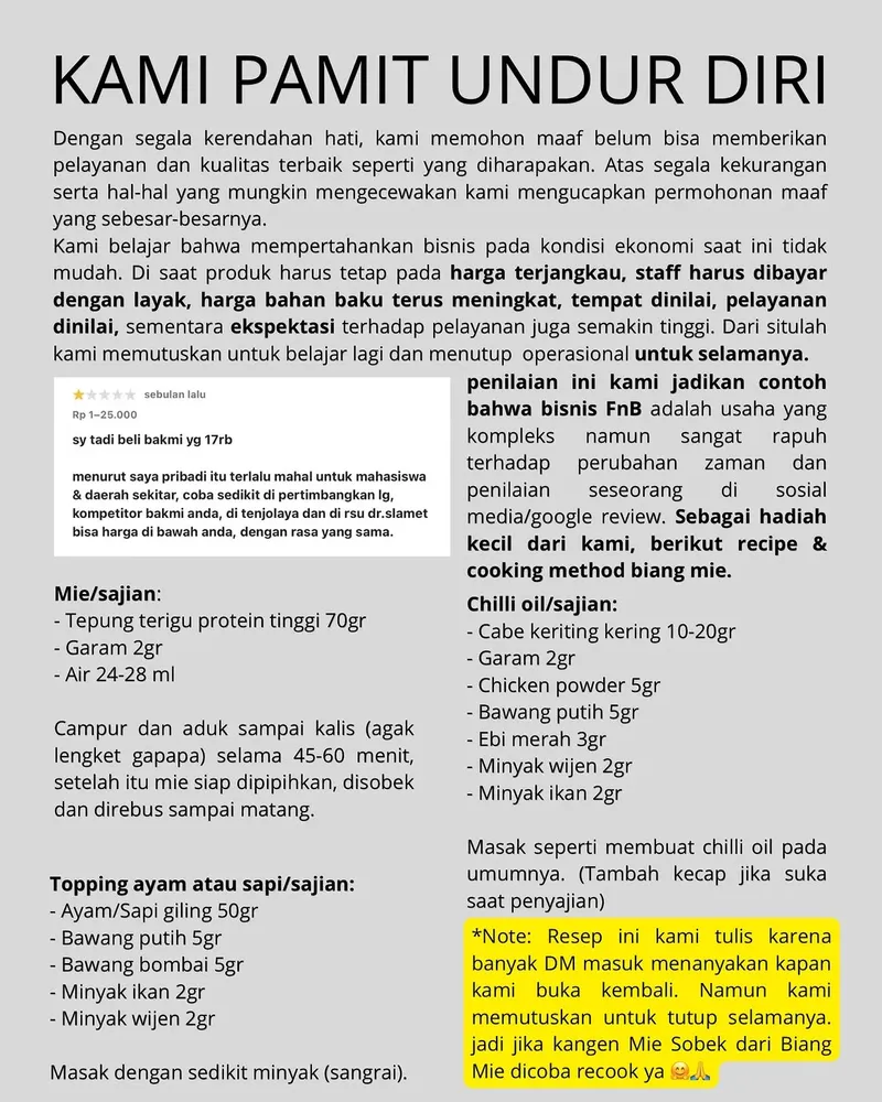 Gerai mie tutup permanen dan bagian resep gratis.