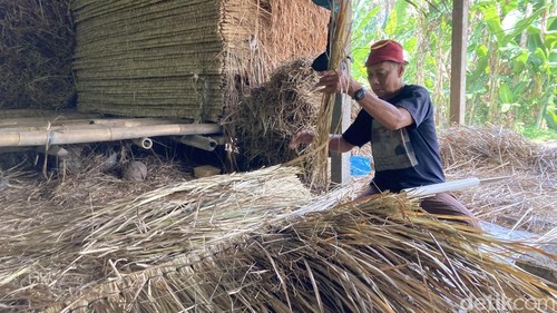 Nengah Lanus (65), buruh rajut atap alang-alang sedang bekerja di Desa Paksebali, Klungkung, Bali, Sabtu (1/8/2026).