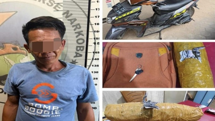 Tampang pengedar dan barang bukti 1 kg ganja saat diamankan polisi