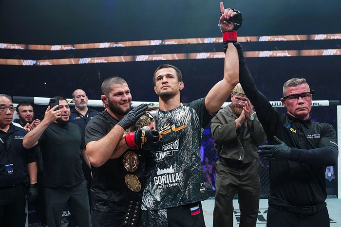 BELMONT PARK, NY - JULY 31: Usman Nurmagomedov celebrates with Khabib Nurmagomedov after fighting against Archie Colgan during PFL New York at the UBS Arena on July 31, 2026 in Belmont Park, New York. (Photo by Cooper Neill/Getty Images)