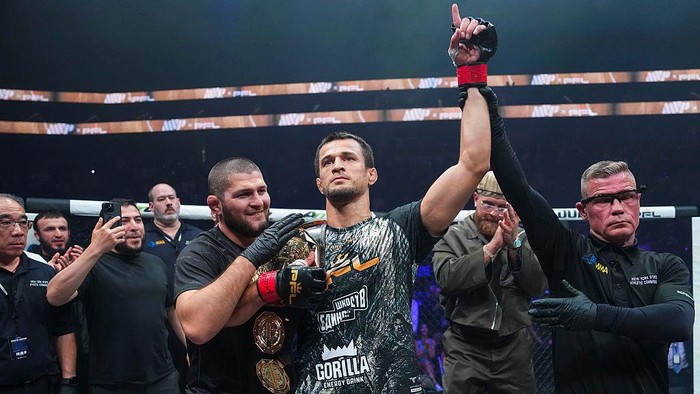 BELMONT PARK, NY - JULY 31: Usman Nurmagomedov celebrates with Khabib Nurmagomedov after fighting against Archie Colgan during PFL New York at the UBS Arena on July 31, 2026 in Belmont Park, New York. (Photo by Cooper Neill/Getty Images)