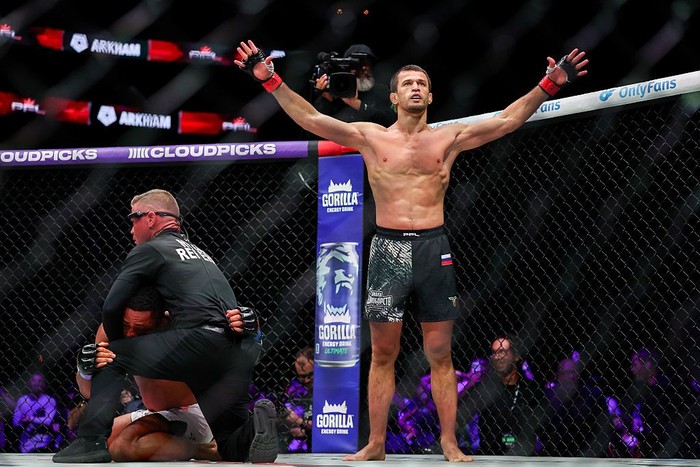 ELMONT, NEW YORK - JULY 31: Usman Nurmagomedov reacts after knocking out Archie Colgan for the lightweight world title during PFL New York at UBS Arena on July 31, 2026 in Elmont, New York. (Photo by Ishika Samant/Getty Images)