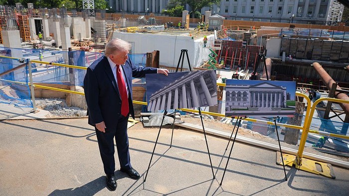 WASHINGTON, DC - MAY 19: U.S. President Donald Trump speaks to the media alongside posters of his proposed White House ballroom amid construction at the White House on May 19, 2026 in Washington, DC. The Senate parliamentarianruled this week that taxpayer funds in the budget reconciliation package cannot be used fora $1 billion provision intended to fund security for TrumpsWhite House ballroom. (Photo by Chip Somodevilla/Getty Images)