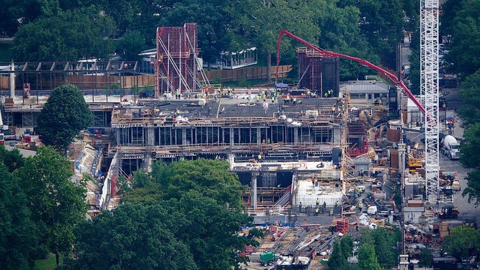 WASHINGTON, DC - JULY 10: Work continues on the White House East Wing ballroom construction project on July 10, 2026 in Washington, DC. (Photo by Kevin Carter/Getty Images)