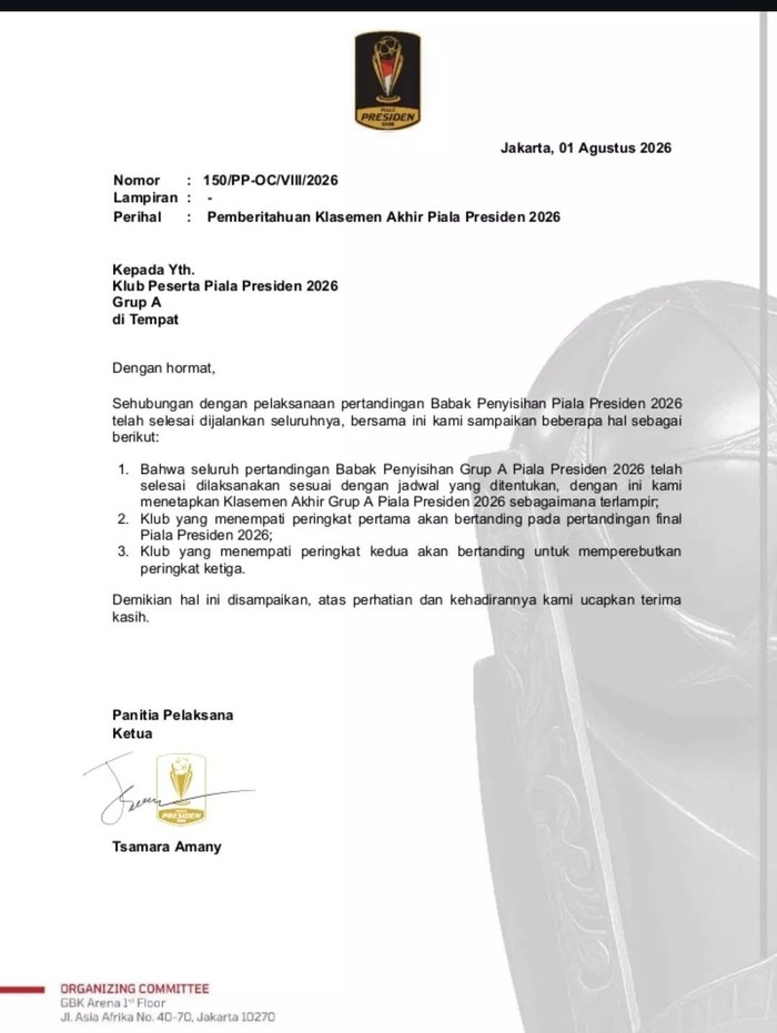 Diduga surat Panpel soal pelaksananaan Final Piala Presiden 2026