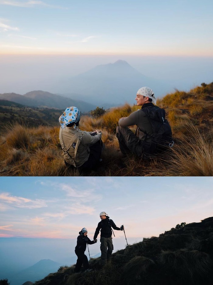 Rey Mbayang dan Dinda Hauw mendaki puncak Gunung Merbabu.