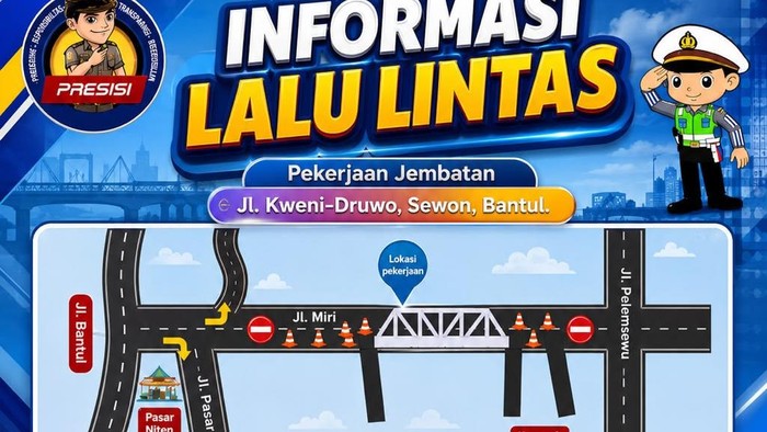 Pemberitahuan rekayasa lalin di Jalan Kweni-Druwo, Sewon, Bantul terkait pembangunan jembatan.