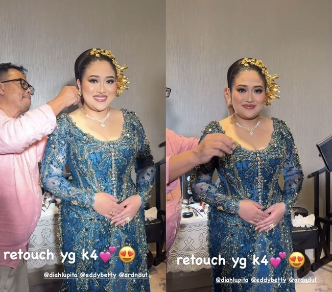 Pada penampilan keempat di hari pernikahannya, lewat akun Instagram Bennu, Diah Lupita tampil mewah dan elegan dalam balutan kebaya modern berwarna biru teal berkilau karya desainer Eddy Betty. Kebaya Diah dipenuhi detail payet serta manik-manik. Foto: Dok. Instagram @bennusorumba.