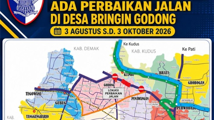 Peta perbaikan Jalan Semarang-Purwodadi, Grobogan, Senin (3/8/2026).