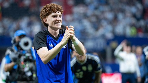 ATLANTA, GEORGIA - JULY 15: Valentin Barco of Argentina celebrates after the FIFA World Cup 2026 Semi Final match between England and Argentina at Atlanta Stadium on July 15, 2026 in Atlanta, Georgia. (Photo by Sebastian Frej/Getty Images)