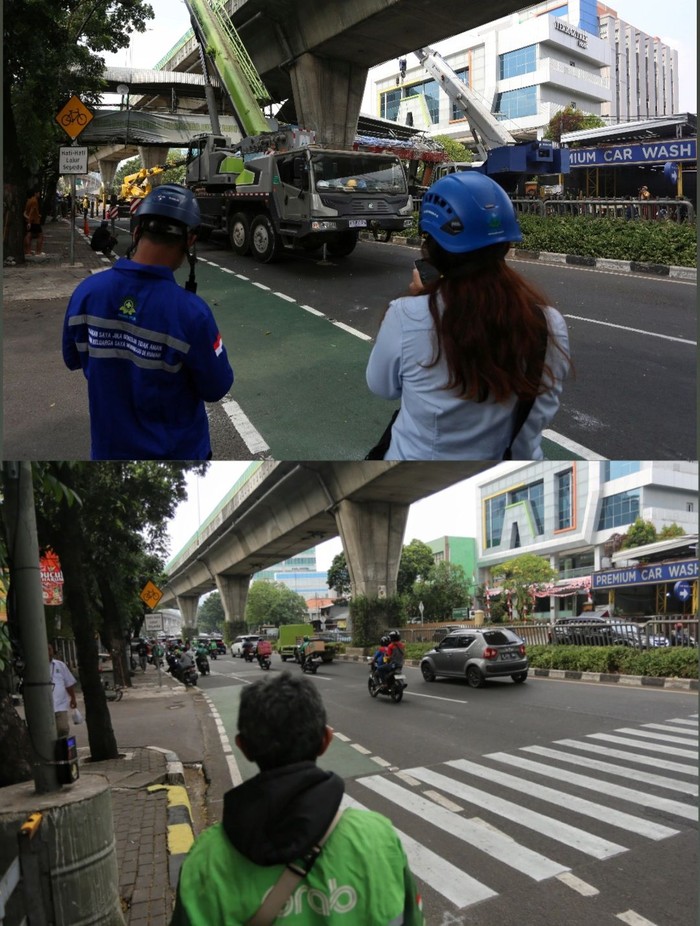 Before after penyeberangan di Jalan Kapten Tendean terlihat usai JPO dibongkar. Pelican crossing kini digunakan sebagai pengganti sementara.